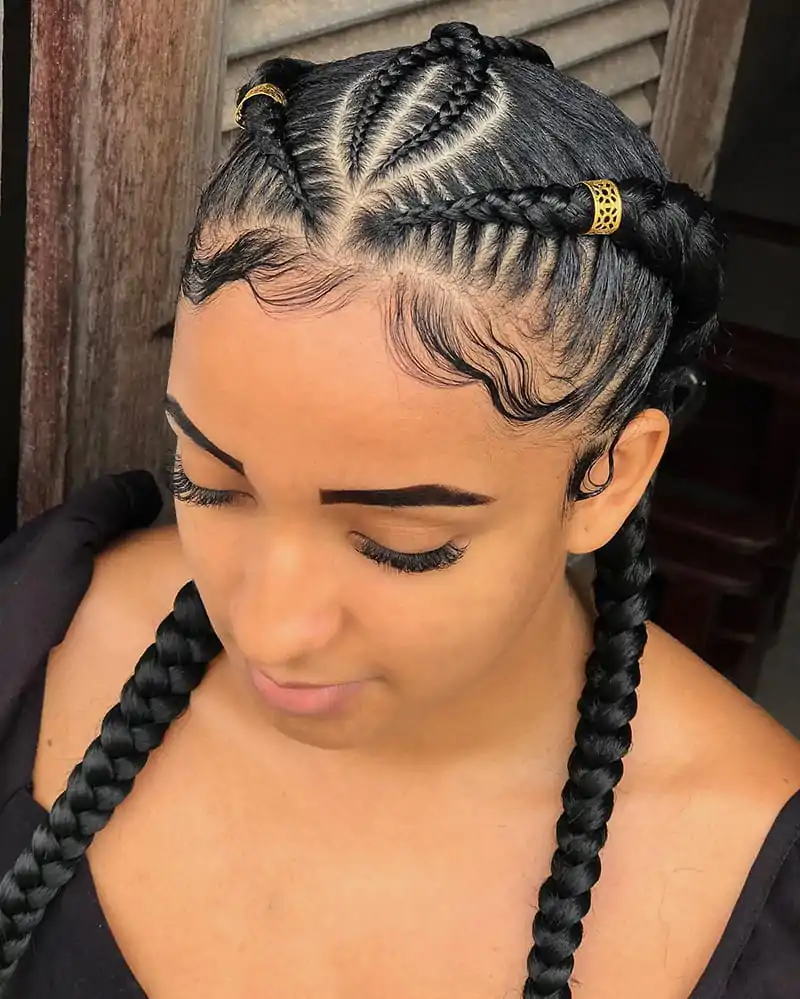  2 cornrow braids hairstyles with decorative beads and sleek straight-back scalp braids