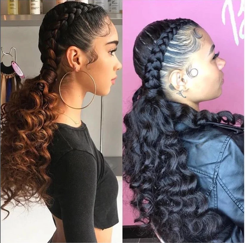 2 cornrow braids hairstyles with soft curly ends for a textured protective braided look
