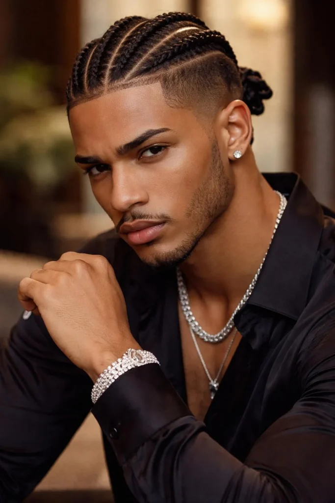 Four evenly spaced cornrow braids on male scalp for bold statement
