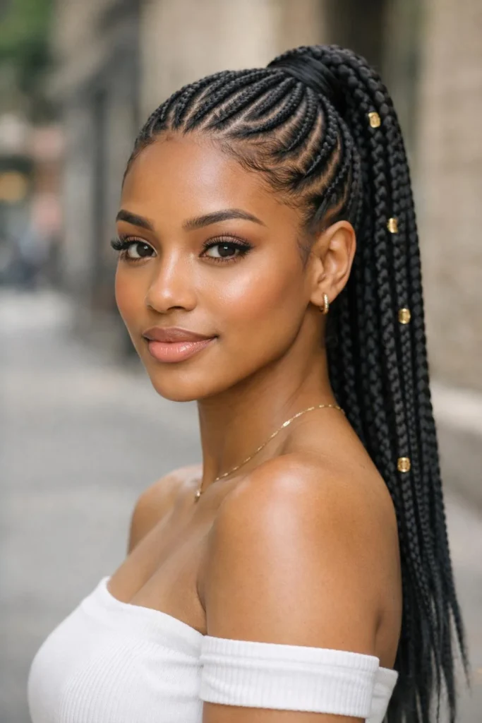 African cornrow braids hairstyles styled into a sleek high ponytail