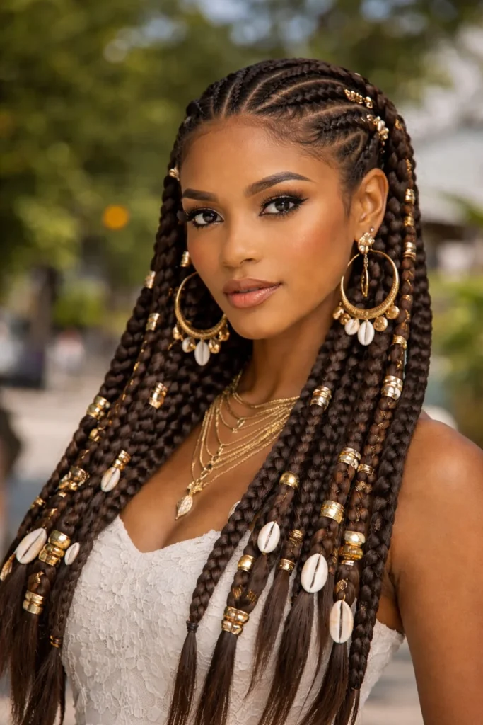 African cornrow braids hairstyles styled with metallic hair cuffs and accessories