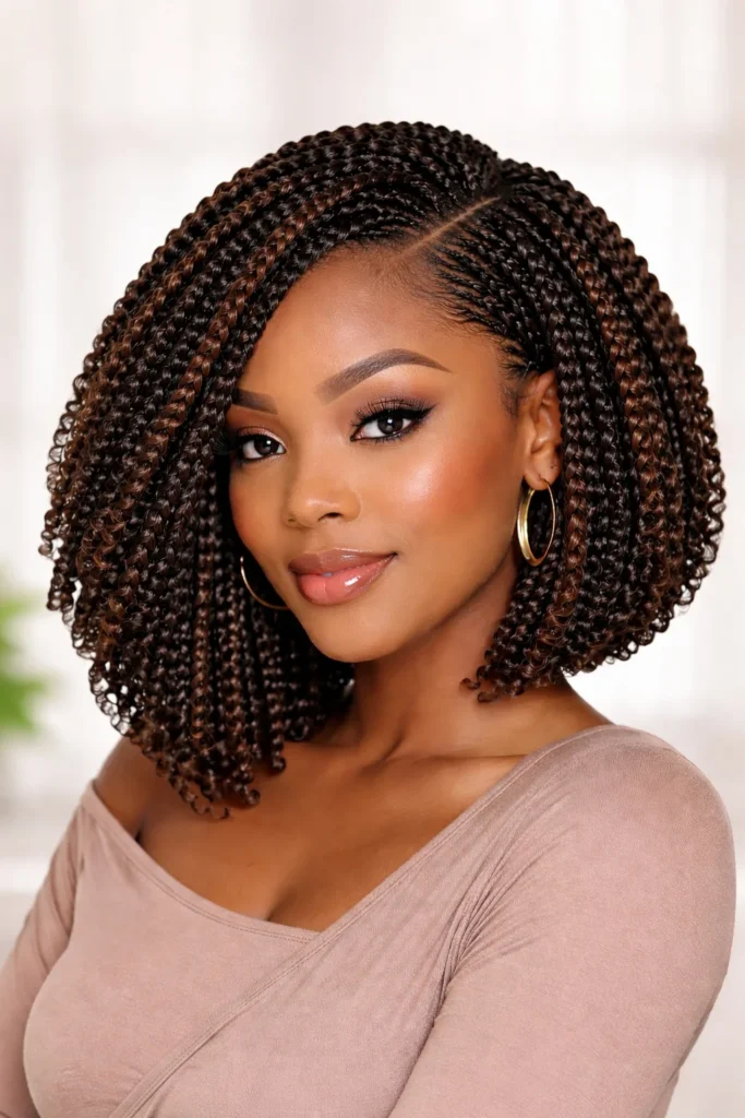 Angled bob crochet braids with subtle front-to-back angle.