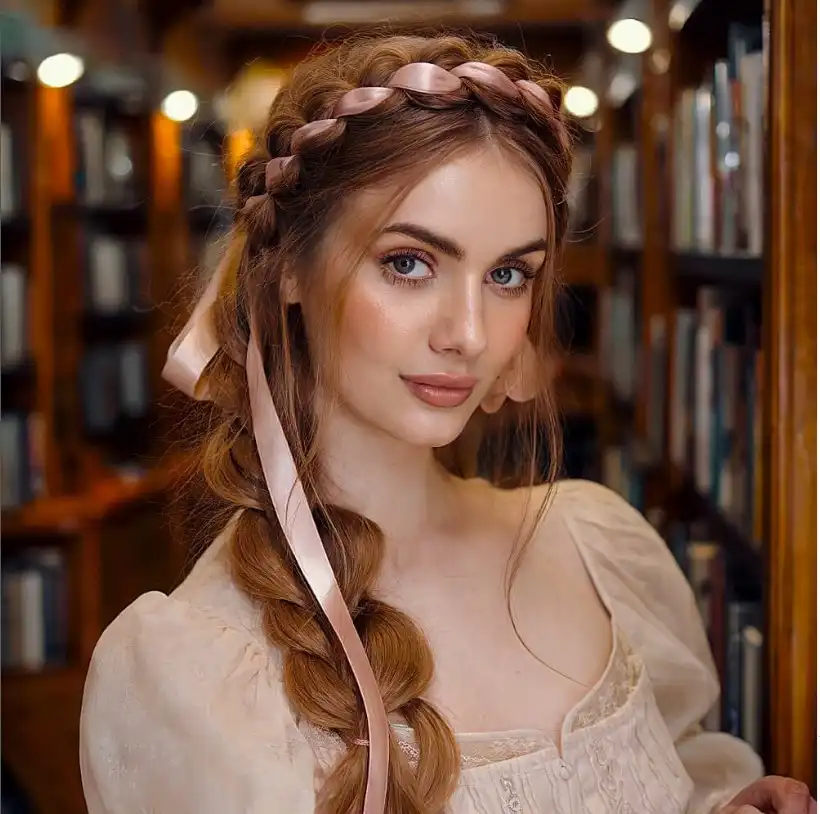 Boho Braided Headband prom hairstyle with soft romantic waves