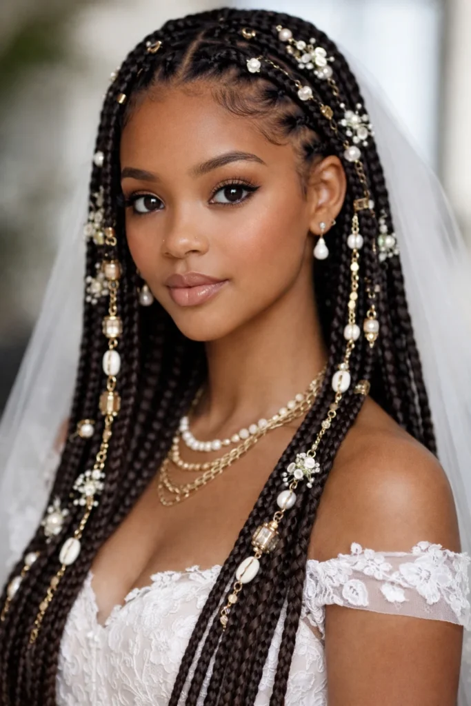 Photogenic protective Ghana cornrows adorned with pearls and floral accents for brides.