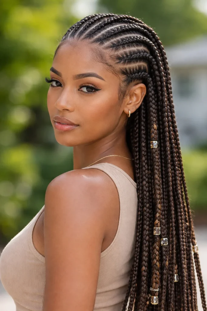 Cornrows with box braids hairstyles featuring straight-back scalp braids and medium box braids
