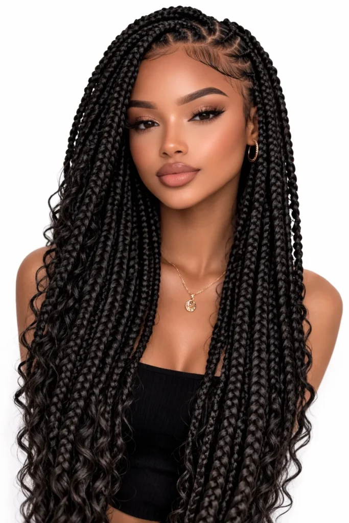 Long crochet box braids hairstyle with sleek, waist-length protective braids.