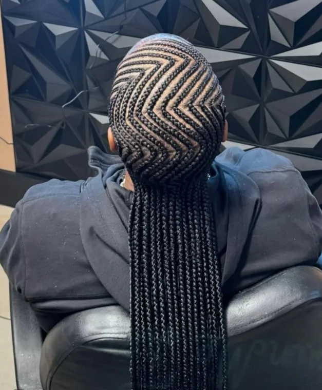 Classic straight-back cornrow braids for black hair with neat parting, ideal protective hairstyle.