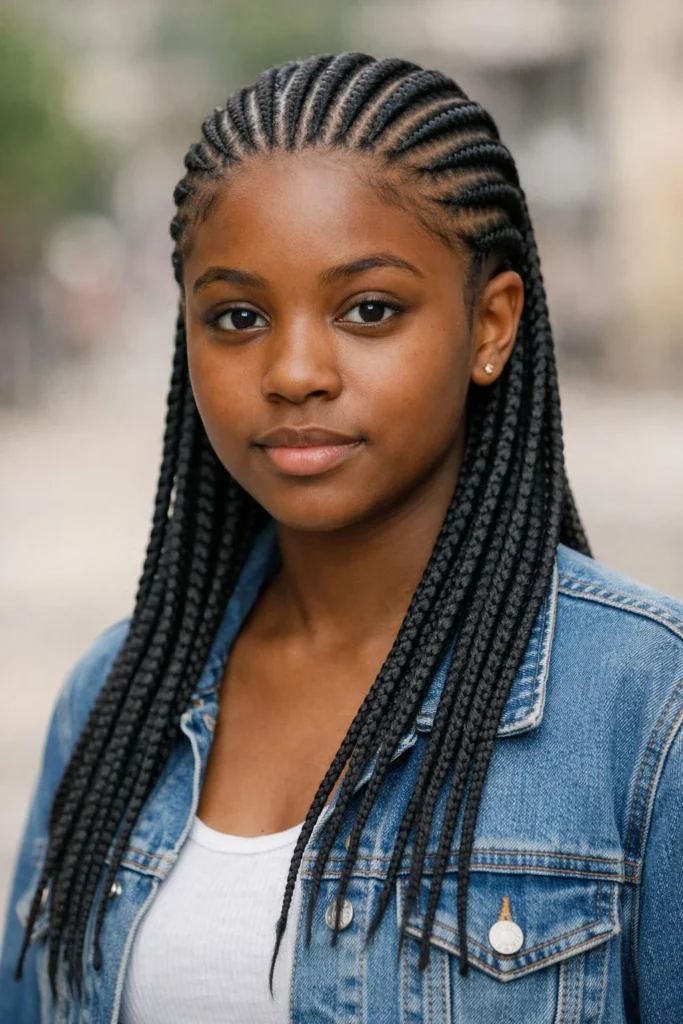 Classic straight back Ghana braids cornrow hairstyle with neat parting for a timeless protective style