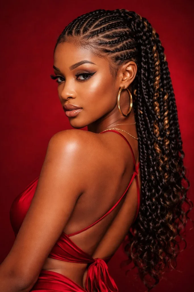 Black hair cornrows combined with box braids for creative and versatile style.