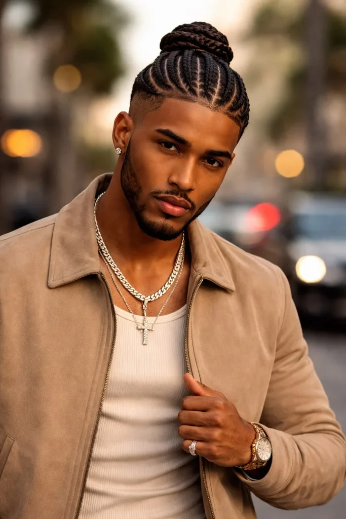 Cornrows leading into a man bun hairstyle for men with long hair