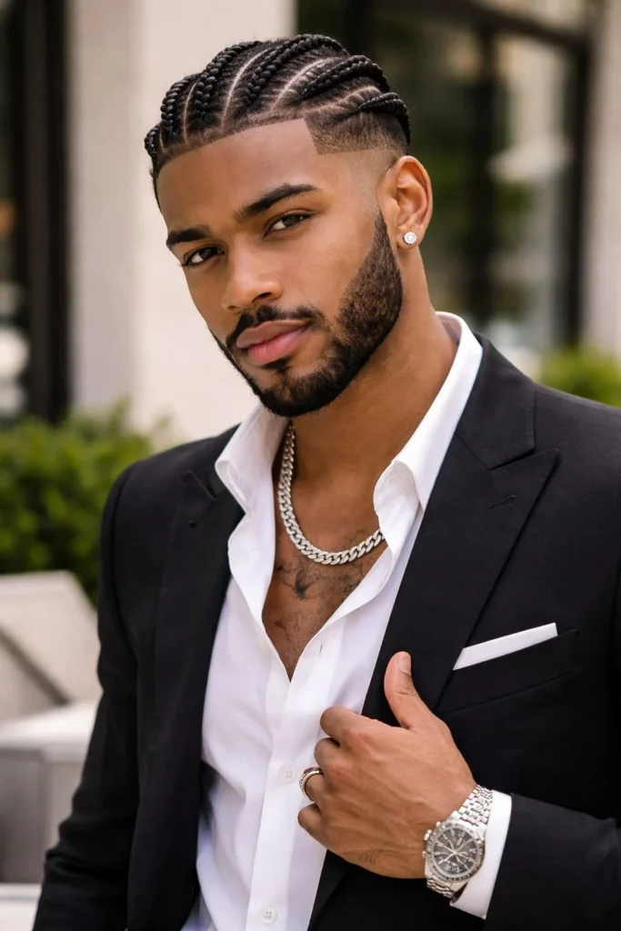 Men's cornrow braids paired with well-groomed beard for masculine look