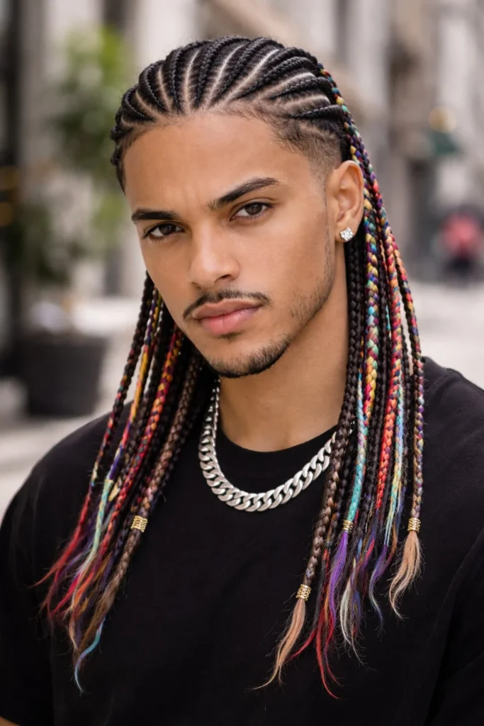 Colored cornrow braids for men with blonde or burgundy highlights