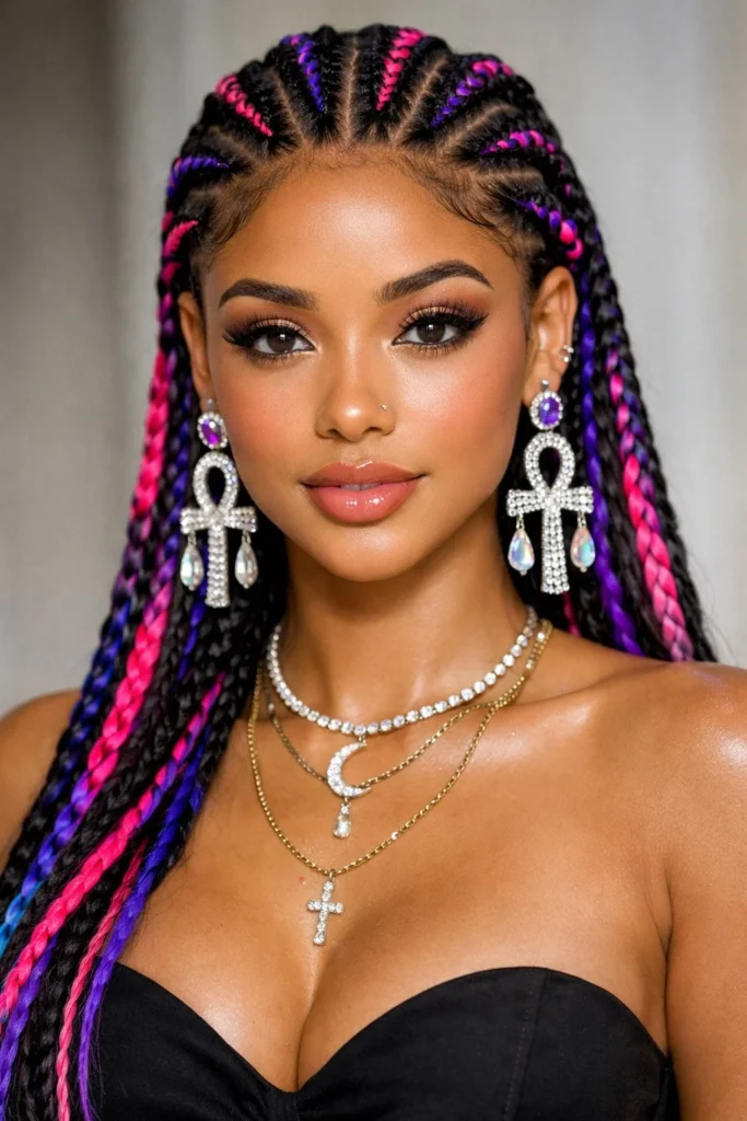 Black hair cornrow braids with subtle color highlights for vibrant braided look.