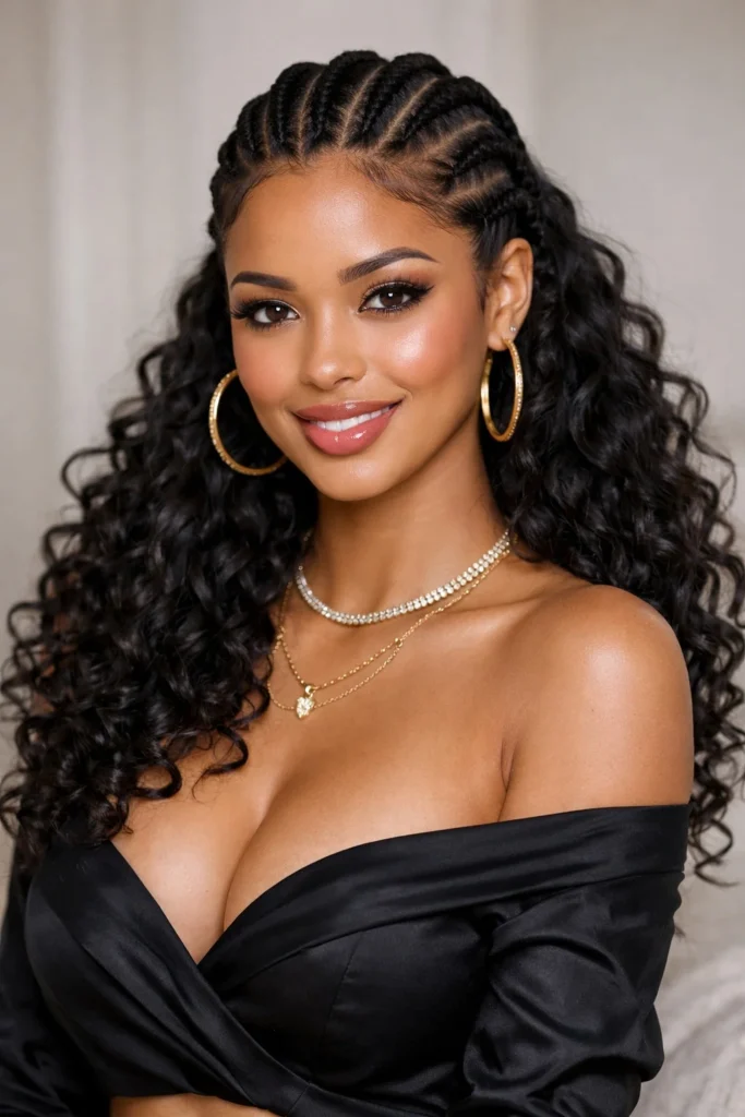 Cornrow braids on black hair finished with soft curly ends, protective and stylish.
