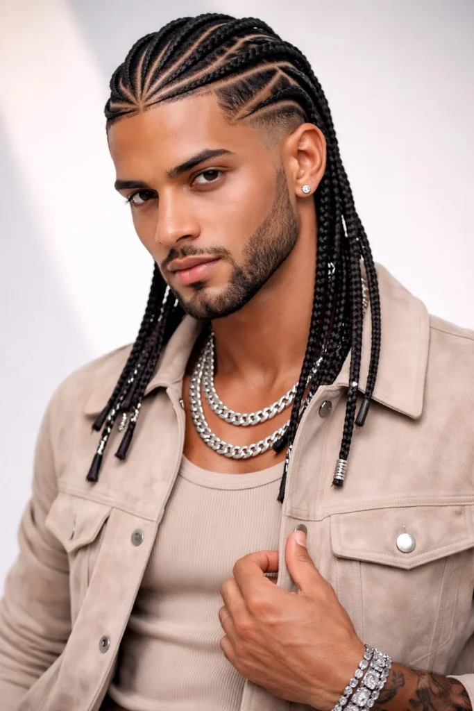 Male cornrow braids featuring creative scalp patterns and shapes