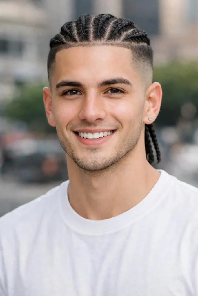 Men's cornrows with fade haircut showing sharp sides and braided top