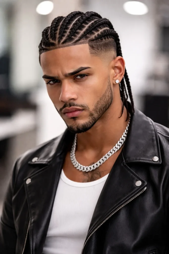 Male cornrows blended with taper fade for clean, professional style