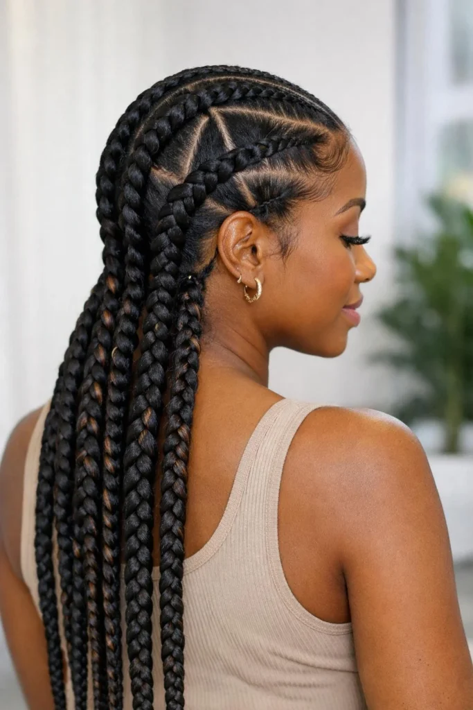Cornrows with triangle part box braids hairstyle with geometric sectioning