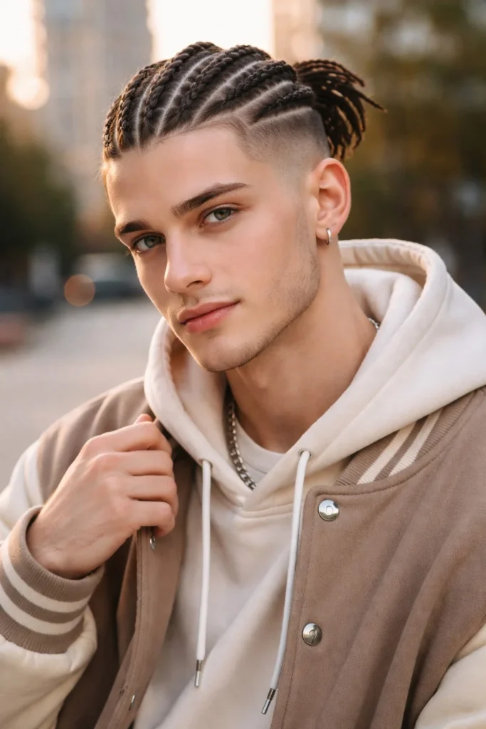 Men’s protective cornrows paired with bold undercut haircut