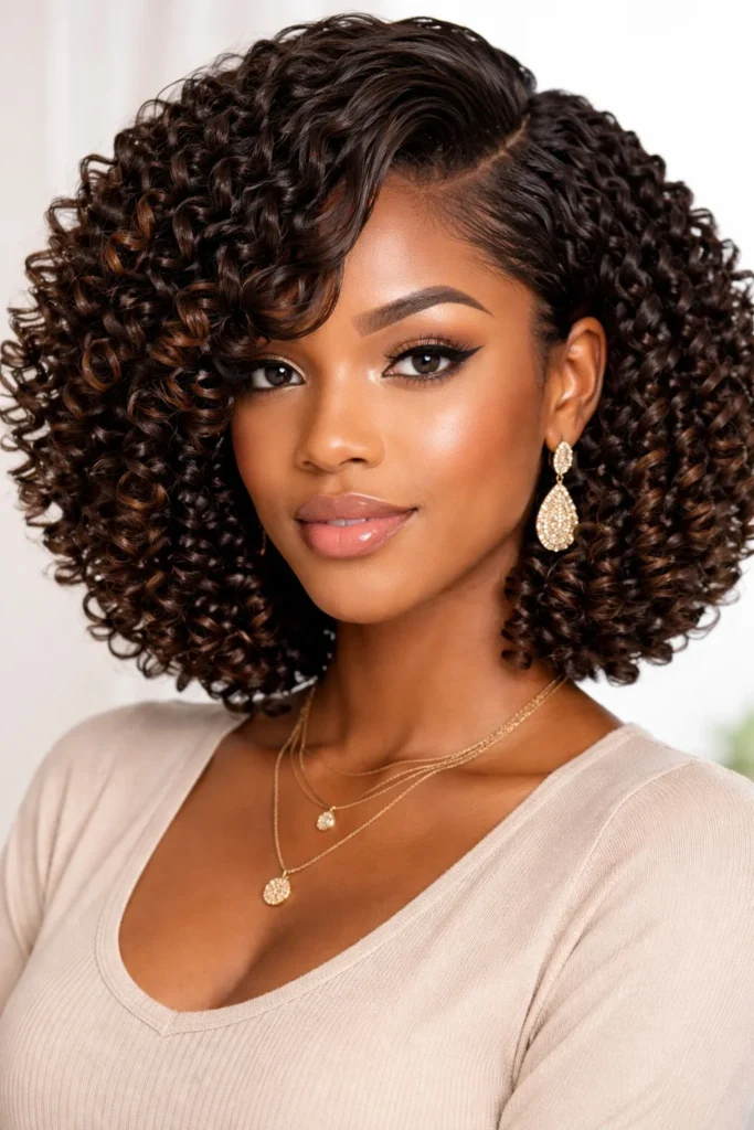 Curly bob crochet braids with side-swept part.