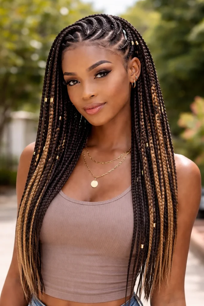 Curved cornrows with box braids hairstyle featuring artistic scalp flow