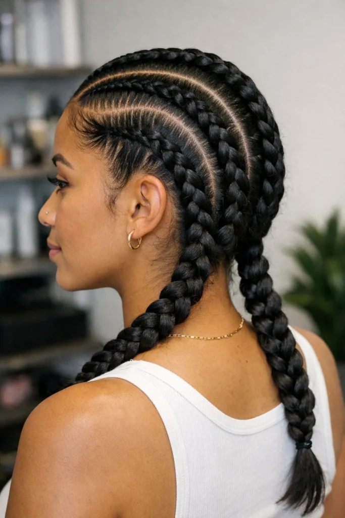 Curved pattern 2 cornrow braids hairstyles with artistic scalp design and creative braid flow
