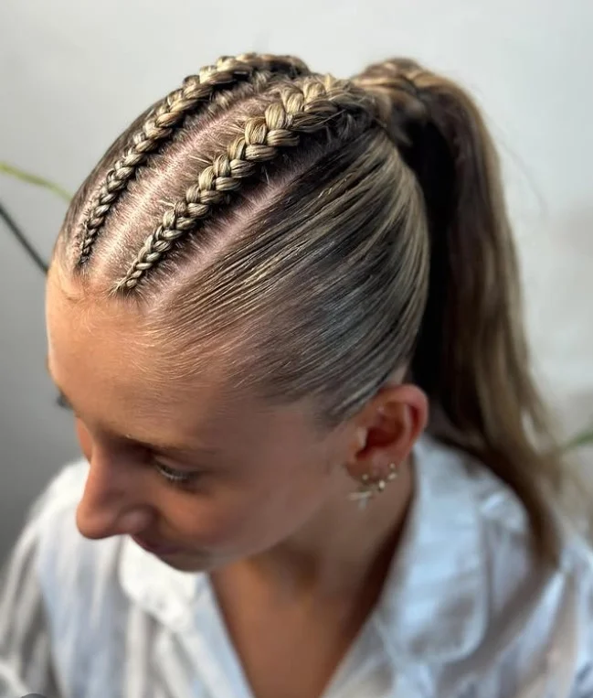 Simple two cornrows protective braid style