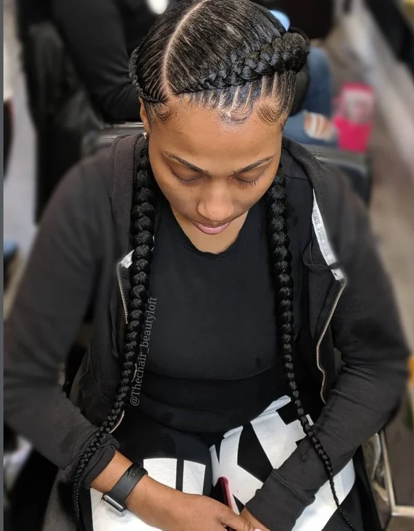 Feed-in 2 cornrow braids hairstyles with seamless extensions and natural-looking protective style