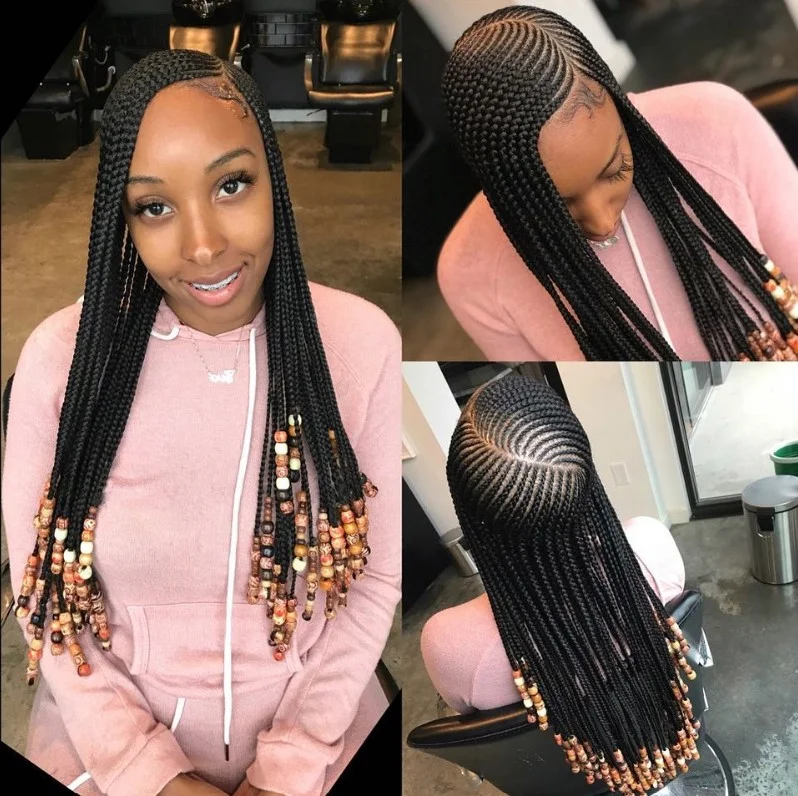 Feed-in cornrow braids on black hair for seamless natural hair blending and protective styling.