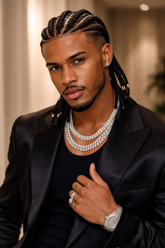 Feed-in cornrow braids for men with seamless scalp to braid transition