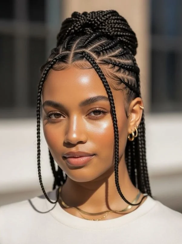 Feed-in cornrows with knotless box braids hairstyle for a seamless protective look