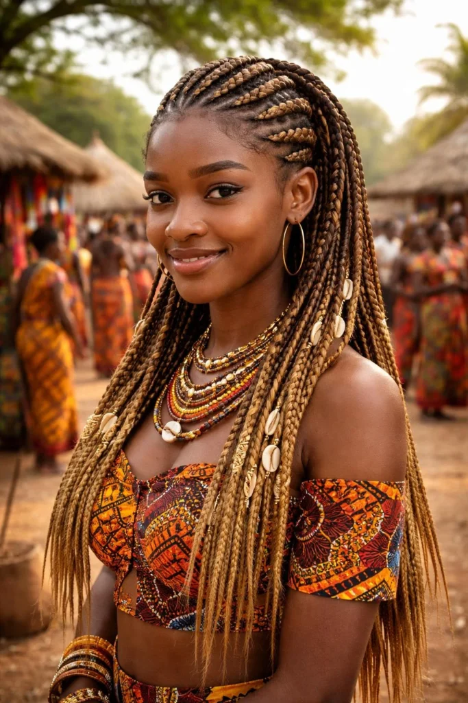 African cornrow braids hairstyles festival look with bold parts and accessories