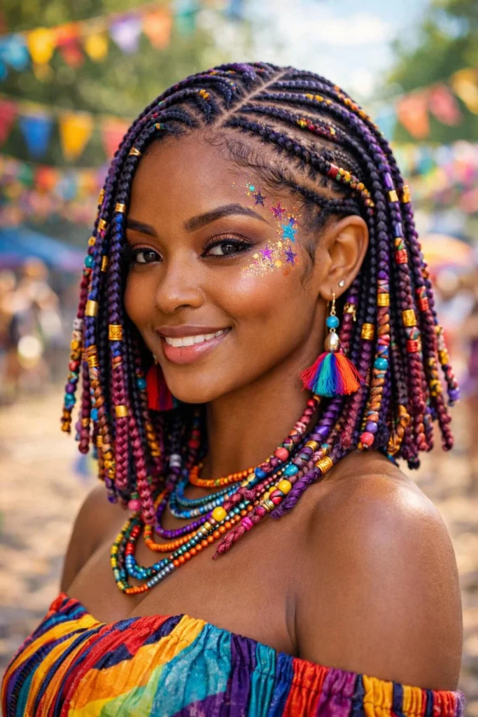 Festival-ready Ghana braids cornrow hairstyle with bright colors and bold patterns.