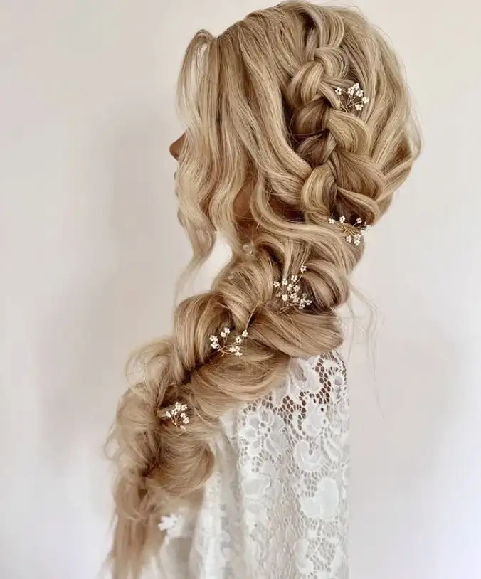 Bridesmaid braids hairstyles Floral Twisted Braids with flowers for romantic and boho wedding hairstyles