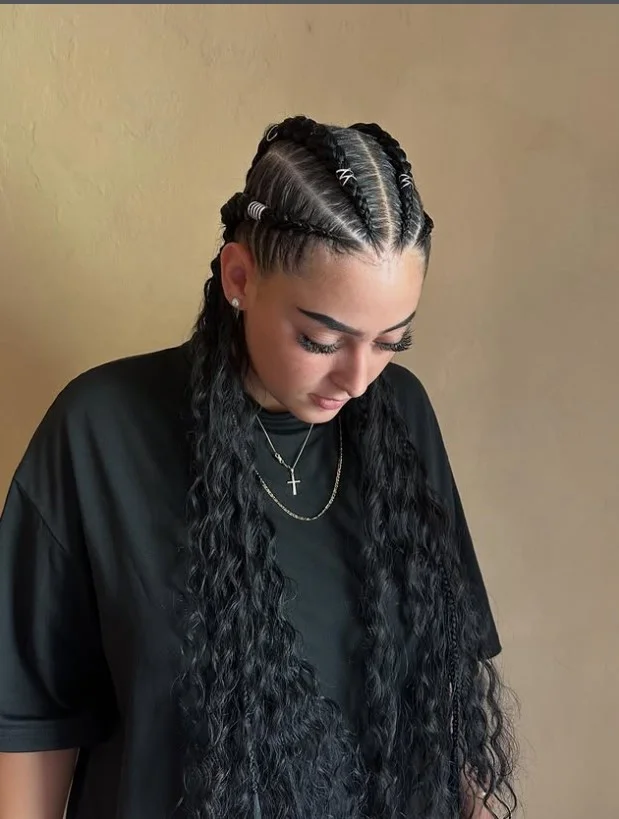 4 cornrow braids hairstyle with decorative beads and stylish protective braid design