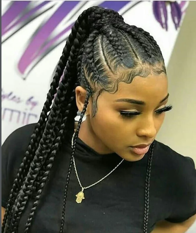Ghana cornrows styled into a polished high ponytail for versatile protective styling