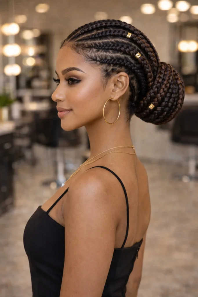 Low bun Ghana braids cornrow hairstyle perfect for weddings and formal events