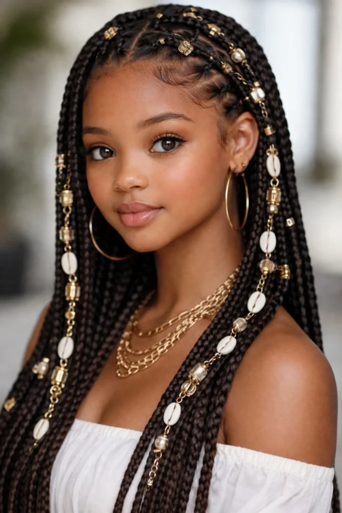 Protective Ghana cornrows decorated with accessories for bold, fashionable look.