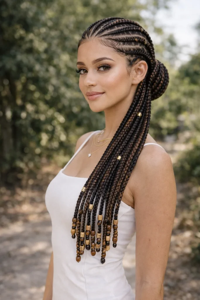 Ghana braids cornrow hairstyle decorated with lightweight beads for cultural flair