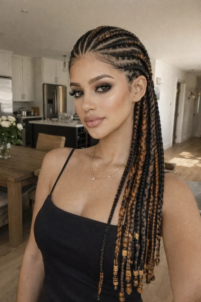 Ghana braids cornrow hairstyle with subtle blonde and burgundy highlights for depth and dimension