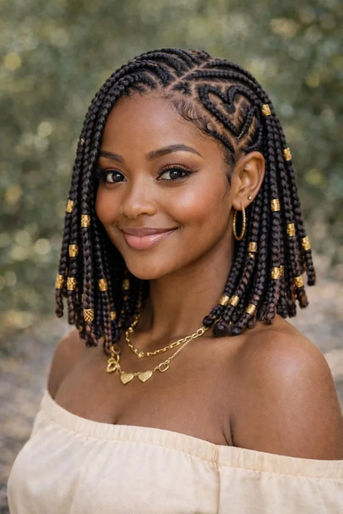 Ghana braids cornrow hairstyle featuring heart-shaped scalp pattern for creative flair.