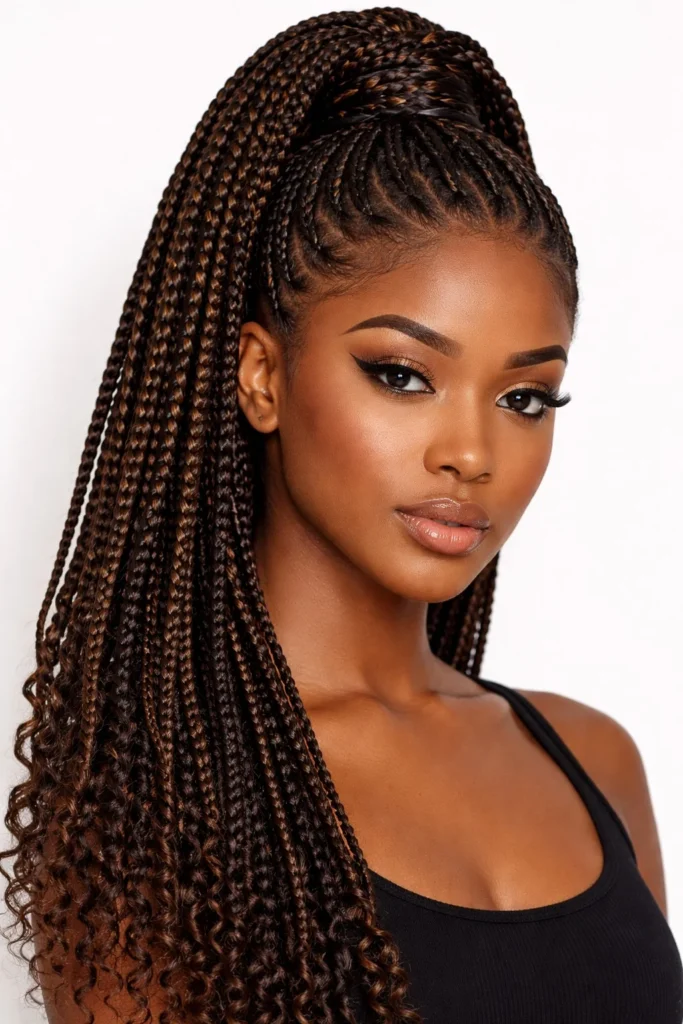 Crochet box braids styled into a high ponytail protective hairstyle.