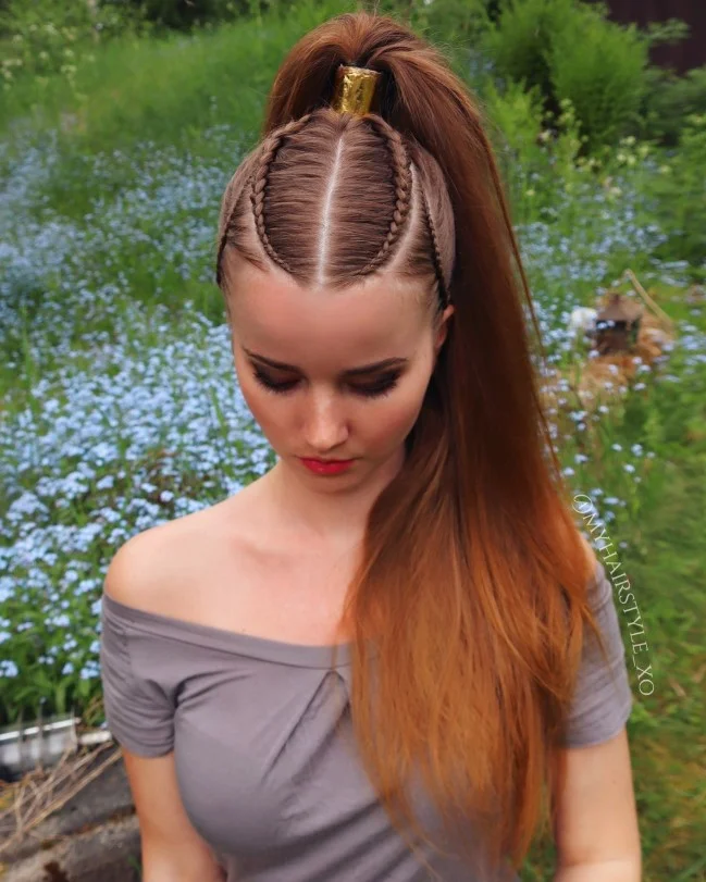 High ponytail 4 cornrow braids hairstyle with sleek straight-back braids gathered at crown