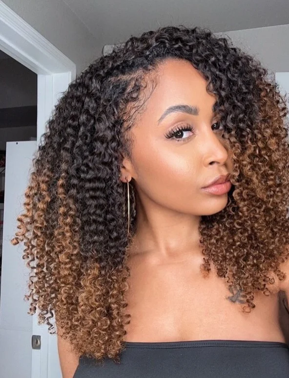 Highlighted curly short crochet braids with color dimension.