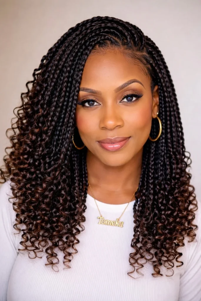 Crochet box braids styled to mimic knotless braids with natural-looking roots.