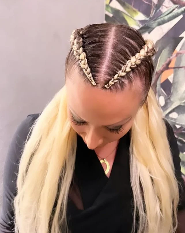 Long 2 cornrow braids hairstyles with feed-in extensions and waist-length protective braids