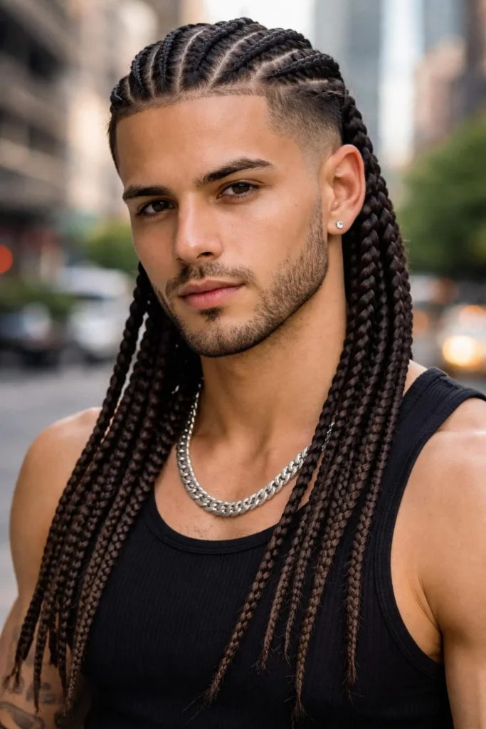 Long cornrow braids for men with flowing length and versatile styling