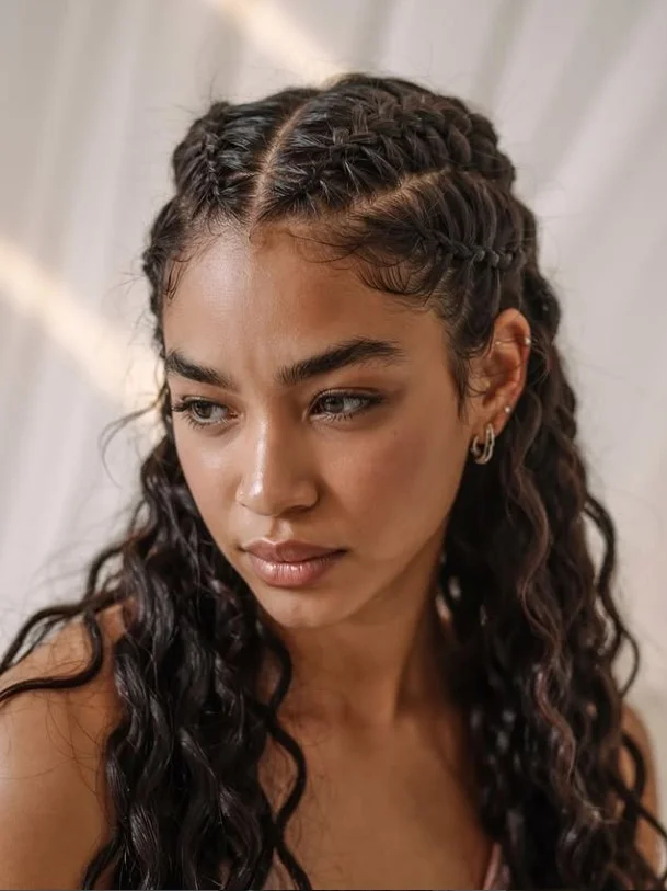 Long 4 cornrow braids hairstyle with feed-in extensions and waist-length protective braids