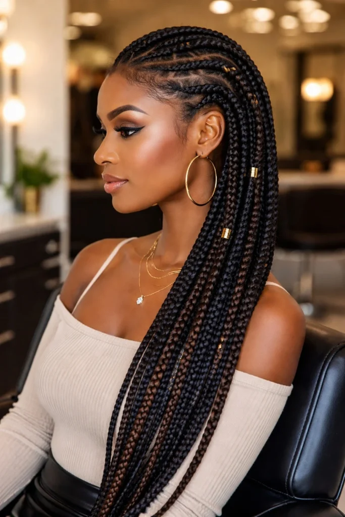 Long Ghana braids cornrow hairstyle with added extensions for dramatic length and movement.