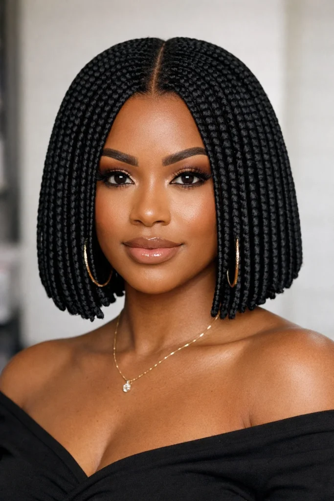 Middle-part blunt bob crochet braids with sleek ends.